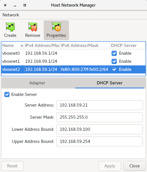 VirtualBox host-only adapter DHCP settings